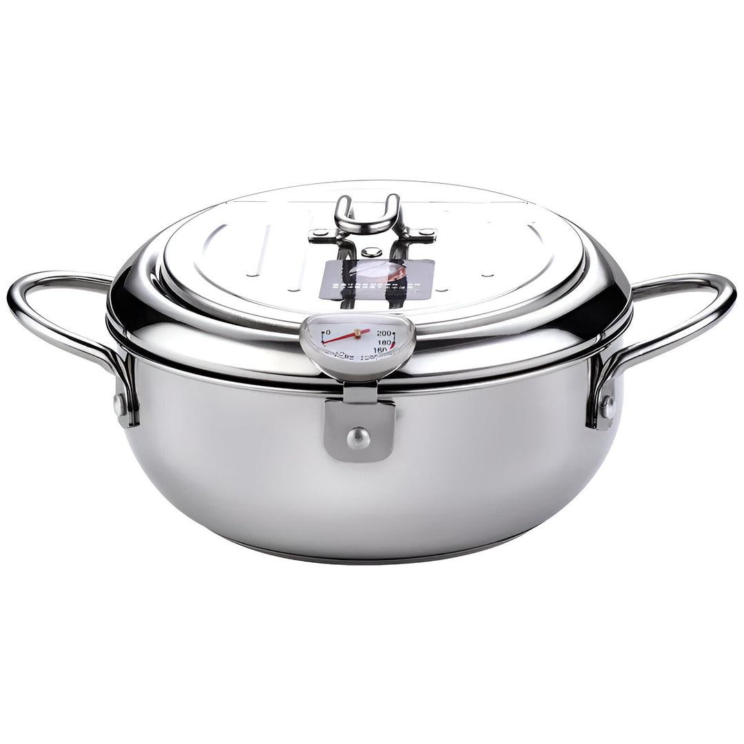 Olla freidora de acero inoxidable con termómetro, ideal para frituras perfectas en tu cocina.