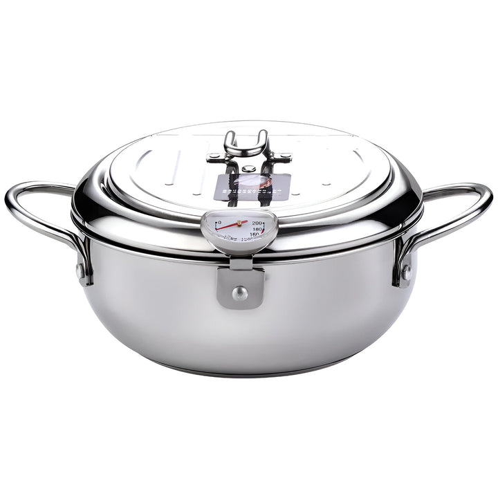 Olla freidora de acero inoxidable con termómetro, ideal para frituras perfectas en tu cocina.