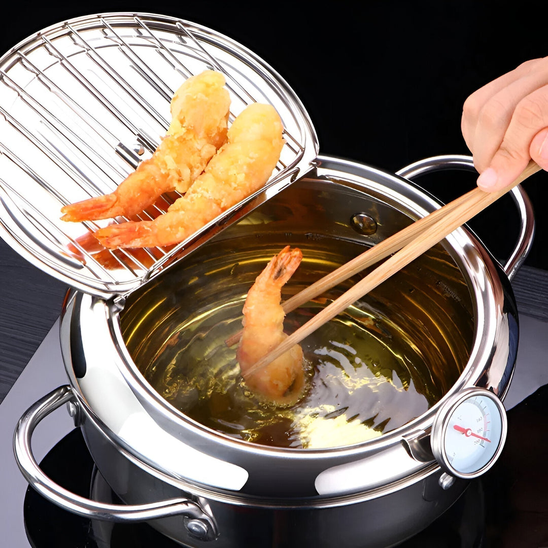 Utensilio de cocina: olla de freír de acero inoxidable con termómetro para chef y hogar.