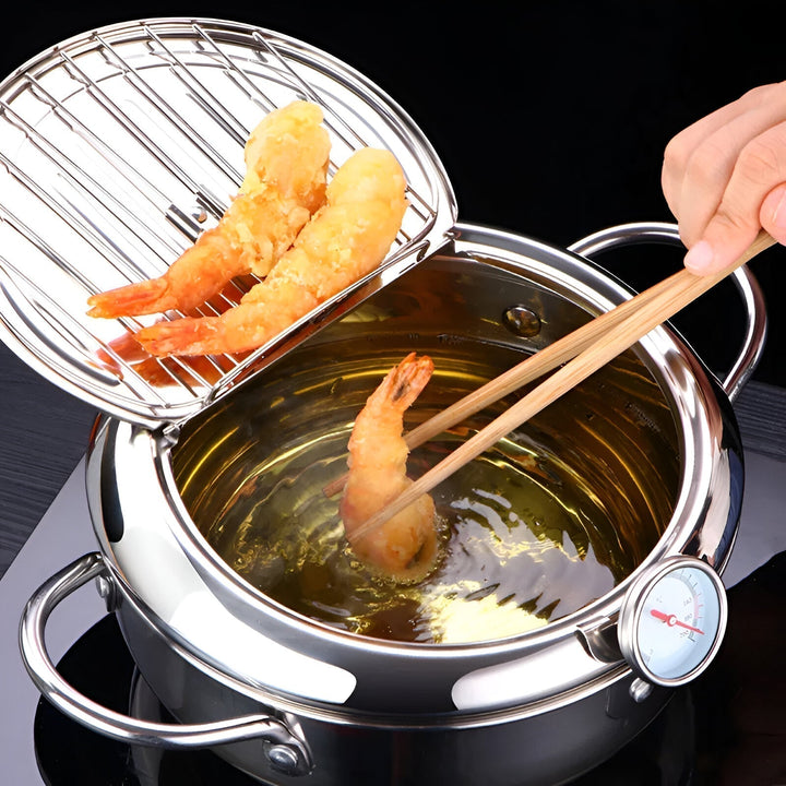 Utensilio de cocina: olla de freír de acero inoxidable con termómetro para chef y hogar.