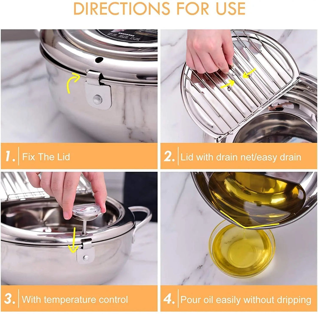 Perfecta olla freidora profesional de acero inoxidable con termómetro para cocinar frituras.