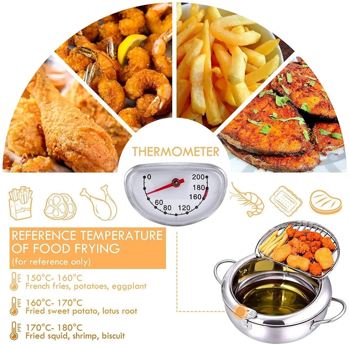 Olla de freír de acero inoxidable con tapa y termómetro; utensilio esencial para frituras.