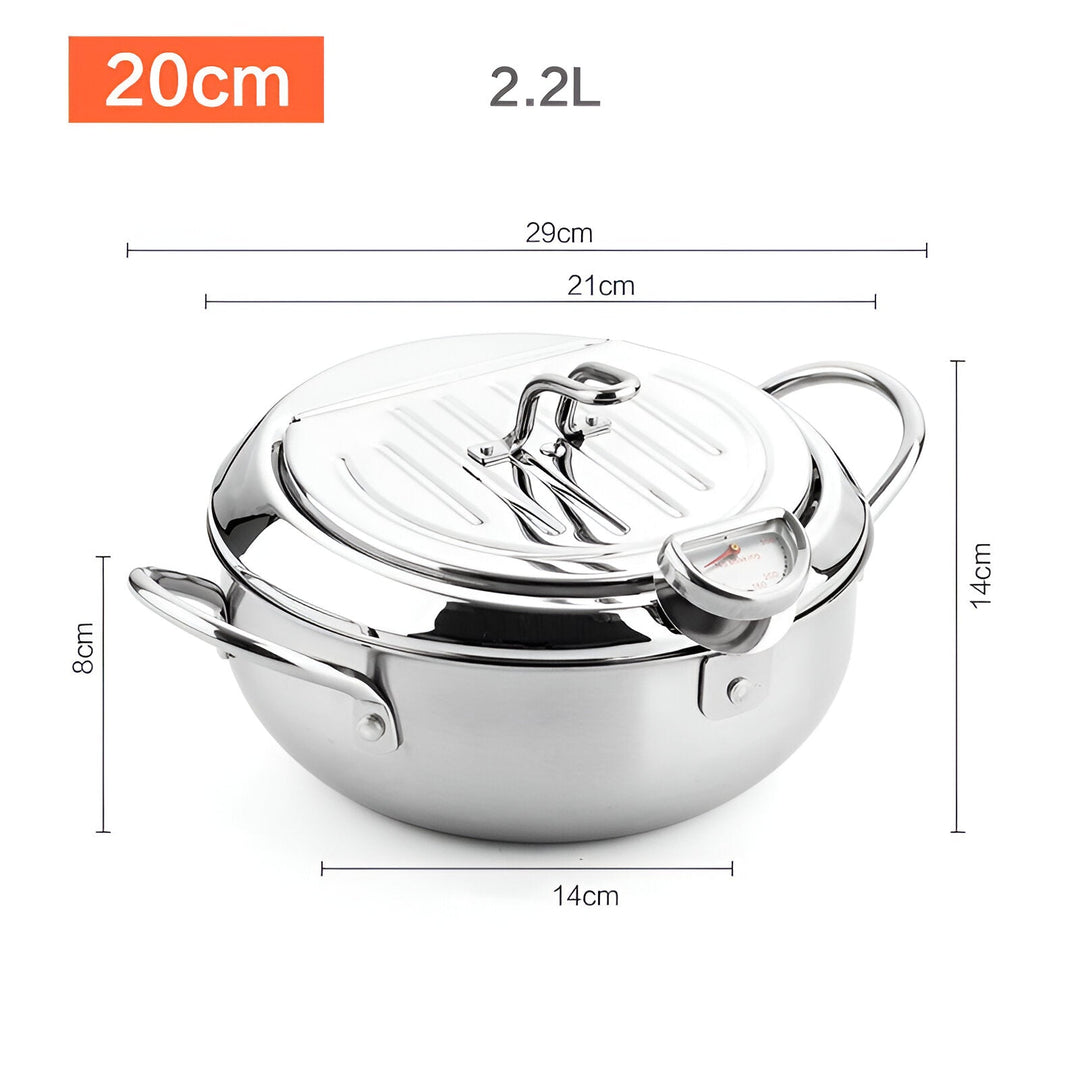 Cocina con control: olla de freír de acero inoxidable con termómetro para frituras seguras.