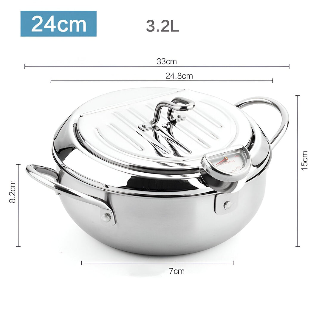 Utensilio duradero: olla freidora de acero inoxidable con termómetro para una cocina eficiente.