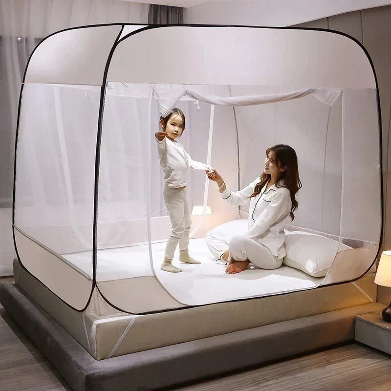 Mosquitera de cama gris estrellado para noches tranquilas. Protección efectiva anti mosquitos en el dormitorio sin instalación.