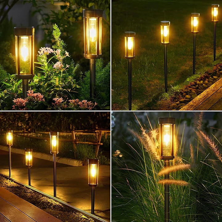 Set de linternas solares para jardín, ideales como decoración exterior sostenible y luminosa para el patio.