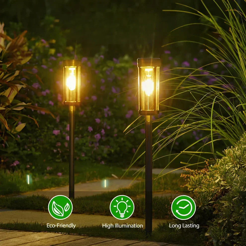 Linterna solar para jardín, opción de iluminación exterior que ahorra energía y decora el paisaje nocturno.