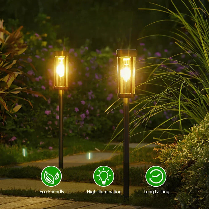 Linterna solar para jardín, opción de iluminación exterior que ahorra energía y decora el paisaje nocturno.