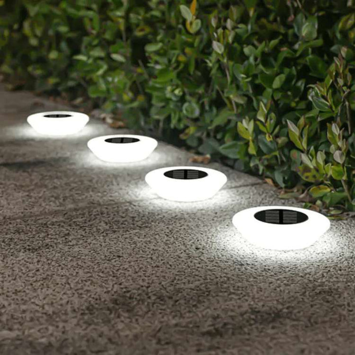 Luces solares LED de jardín en acero inoxidable, ideales para decorar e iluminar caminos exteriores con energía limpia.