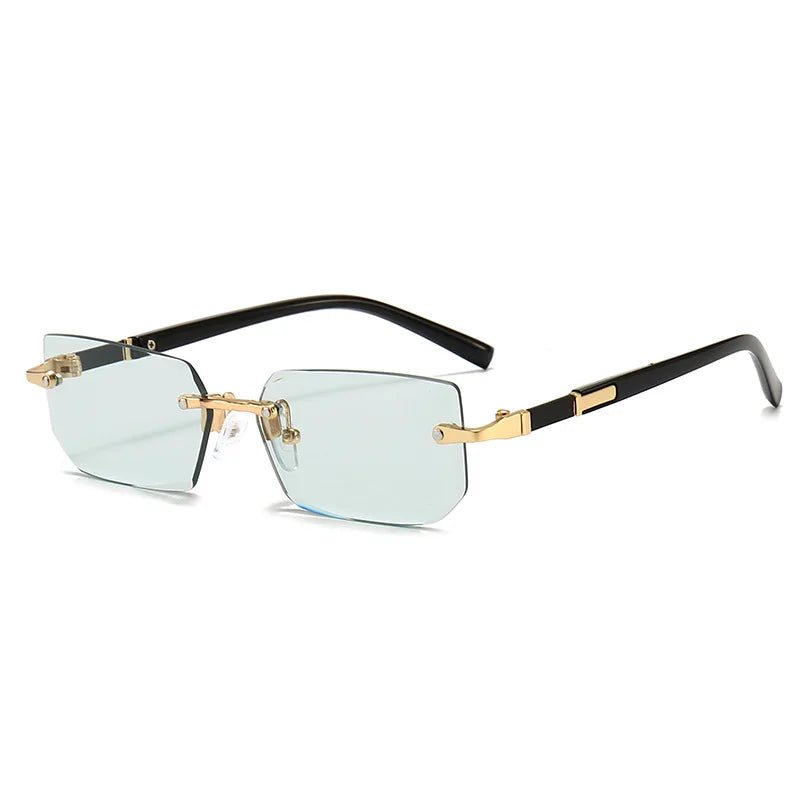 Estilo moderno en gafas de sol rectangulares sin montura. Lentes UV400, accesorio unisex para el sol.