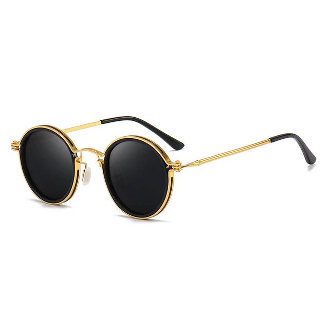 Gafas de sol polarizadas unisex con montura redonda negra y varillas doradas. Protección UV400 para el verano.