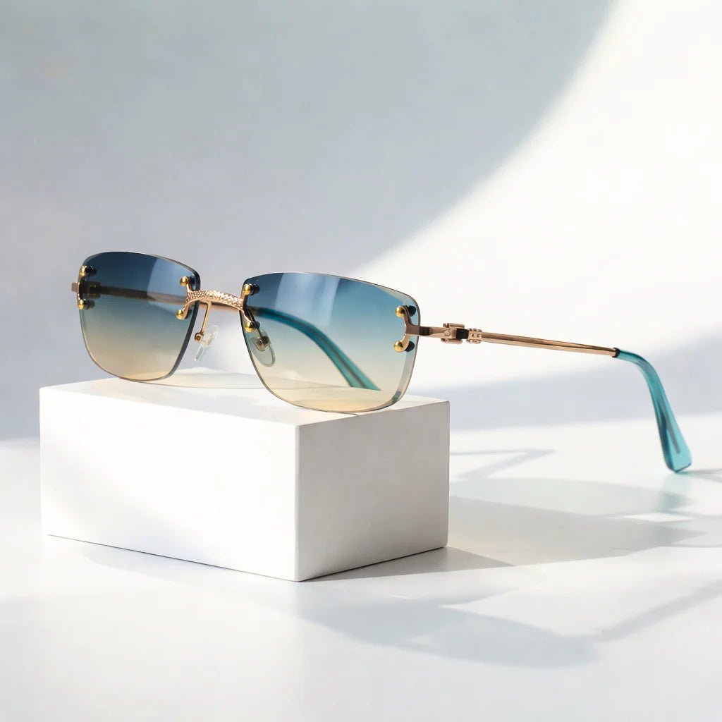 Gafas de sol marrones sin montura unisex, lentes degradados con protección UV400. Ligeras y elegantes.