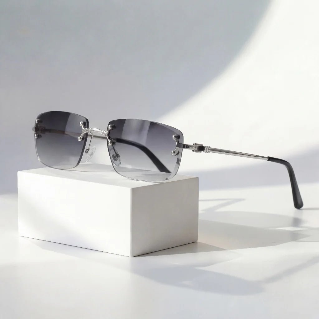Ligeras gafas de sol verdes sin montura. Lentes degradados UV400. Accesorio unisex de estilo moderno.