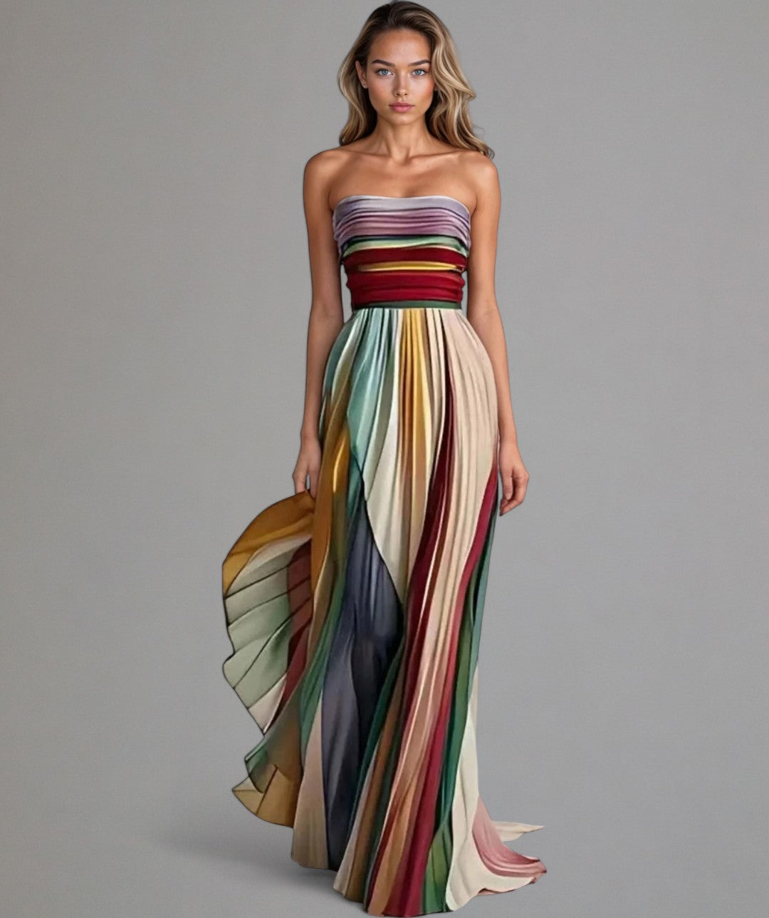 Vestido palabra de honor plisado para mujer con vibrantes bloques de color. Ideal para verano, fiesta o evento elegante.