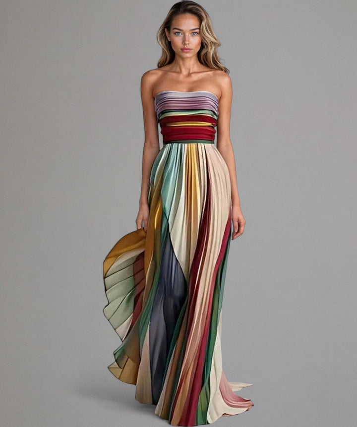 Vestido palabra de honor plisado para mujer con vibrantes bloques de color. Ideal para verano, fiesta o evento elegante.