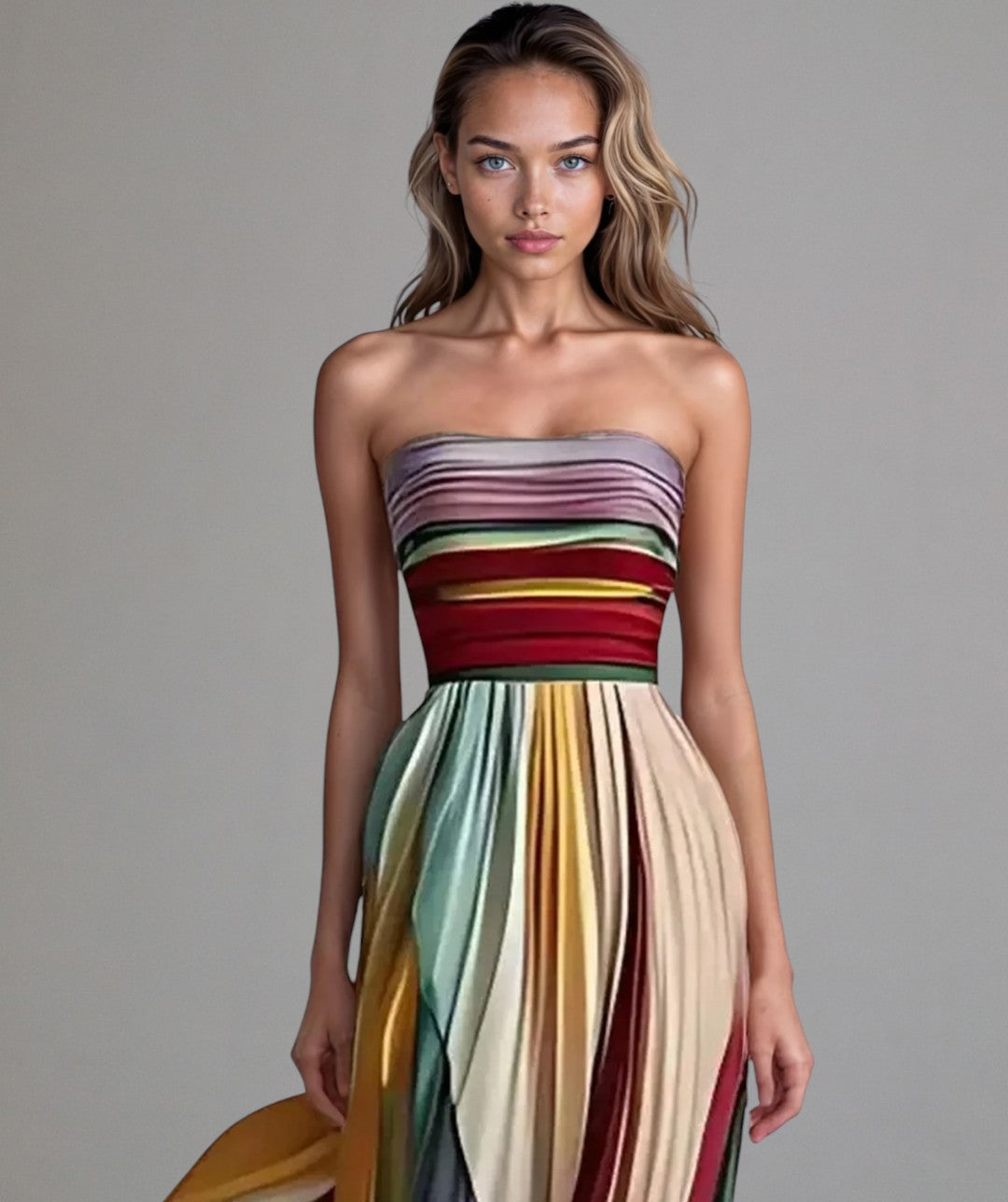 Vestido sin tirantes de mujer, diseño plisado con bloques de color. Perfecto para playa, boda o graduación de verano.