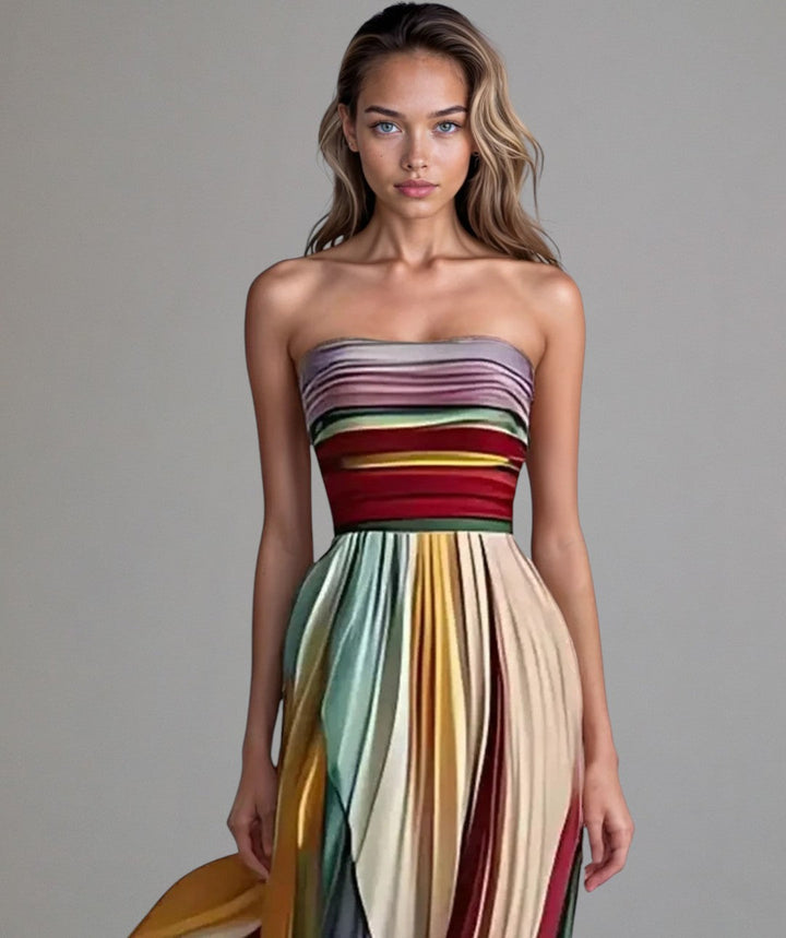 Vestido sin tirantes de mujer, diseño plisado con bloques de color. Perfecto para playa, boda o graduación de verano.