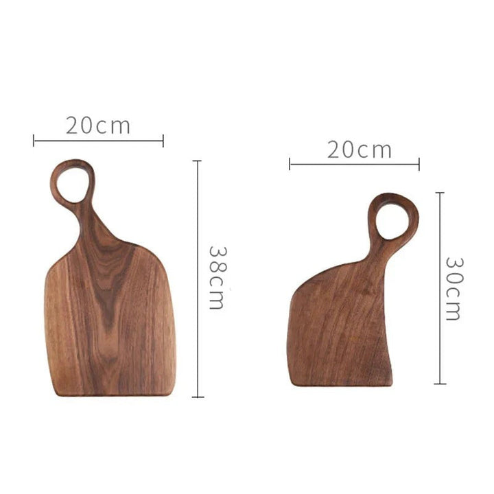 Tabla de cortar y servir gourmet de madera orgánica asimétrica con asa, un accesorio esencial de cocina.