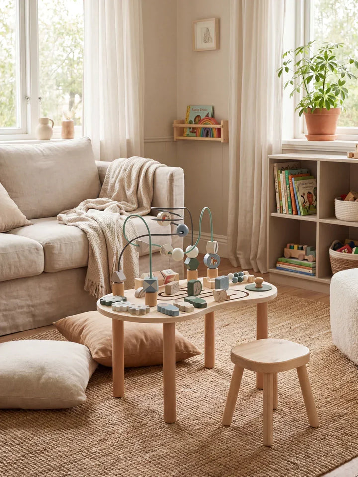 Niños jugando con mesa de actividades de madera, desarrollando motricidad fina y aprendizaje temprano de forma divertida.