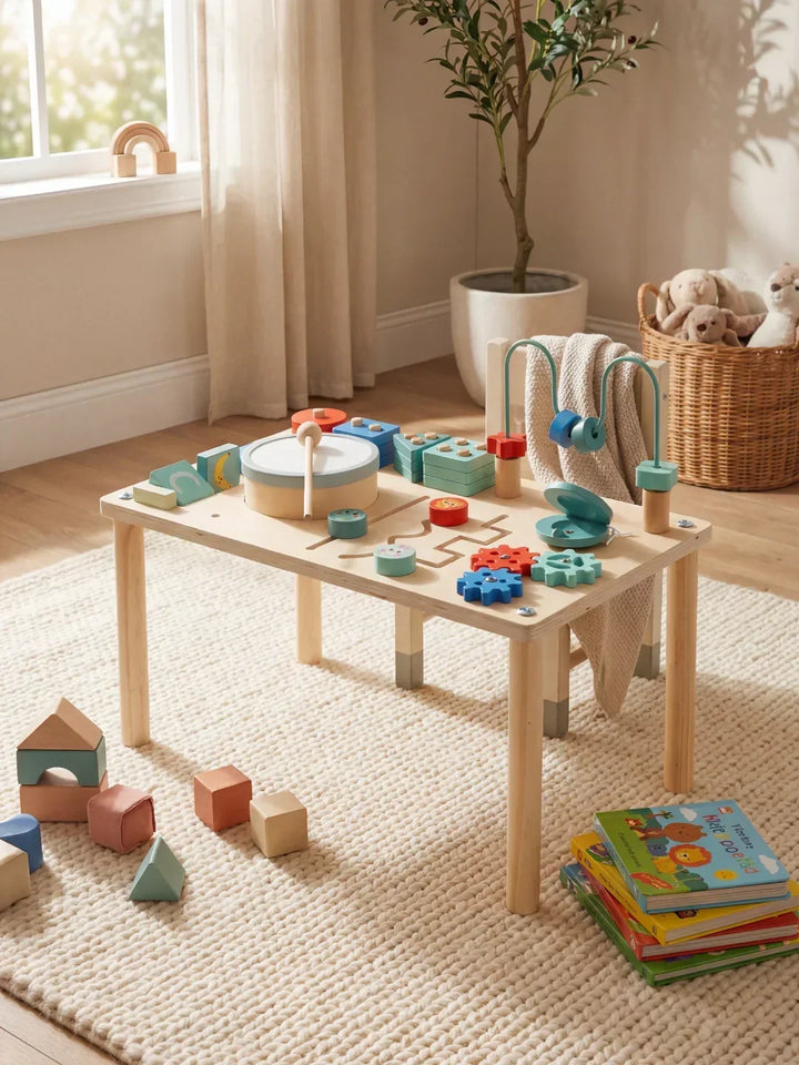 Escritorio infantil de madera con juegos educativos, estimula el desarrollo y creatividad de niños.
