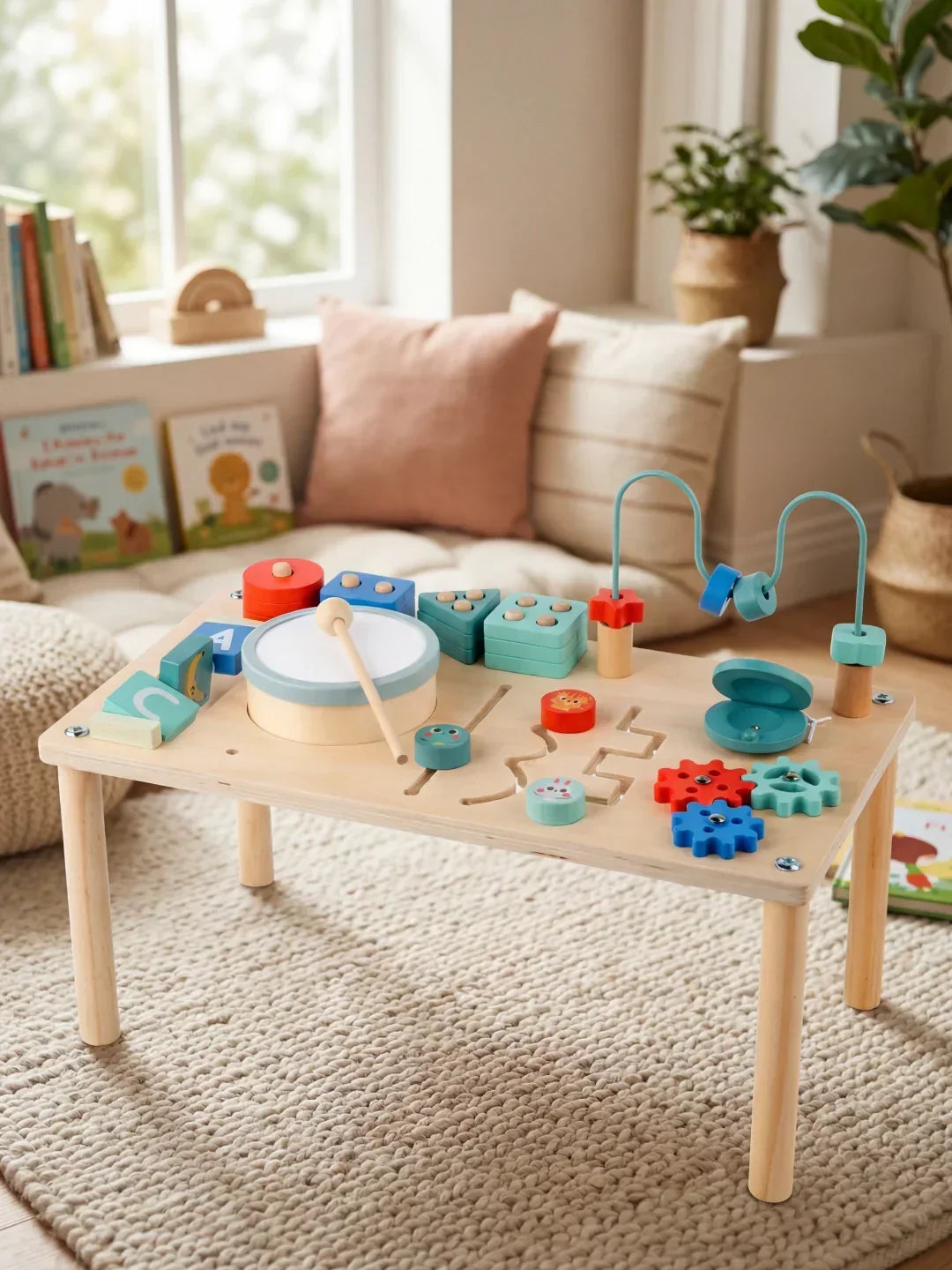 Mesa de actividades de madera para niños, fomenta el aprendizaje, desarrollo y organización del espacio.