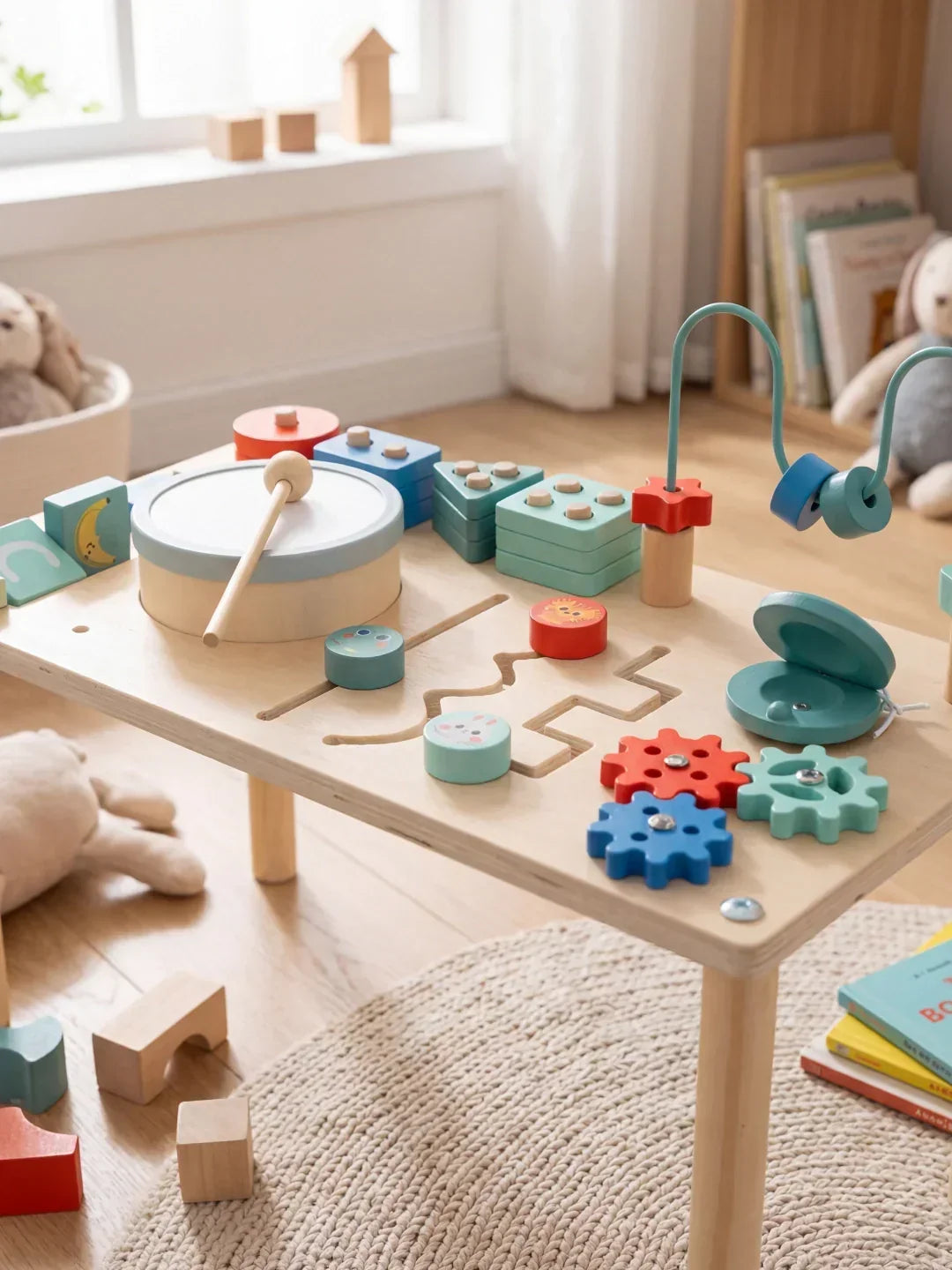 Robusta mesa de actividades didáctica de madera, segura para niños, promueve juego educativo y desarrollo infantil.