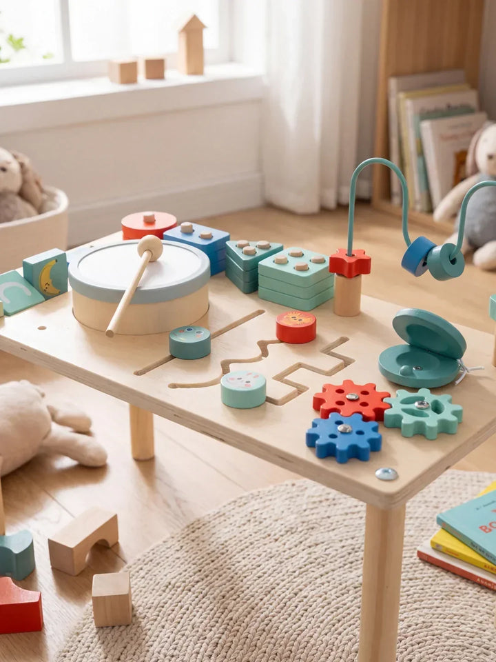 Robusta mesa de actividades didáctica de madera, segura para niños, promueve juego educativo y desarrollo infantil.