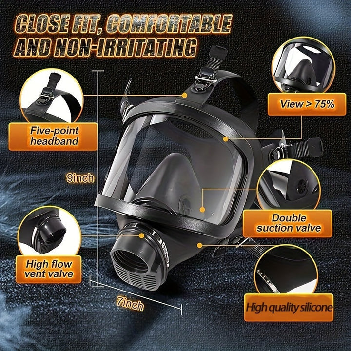 Detalle de correas ajustables y visor de máscara de gas táctica unisex, con filtro de 40mm para ajuste seguro.