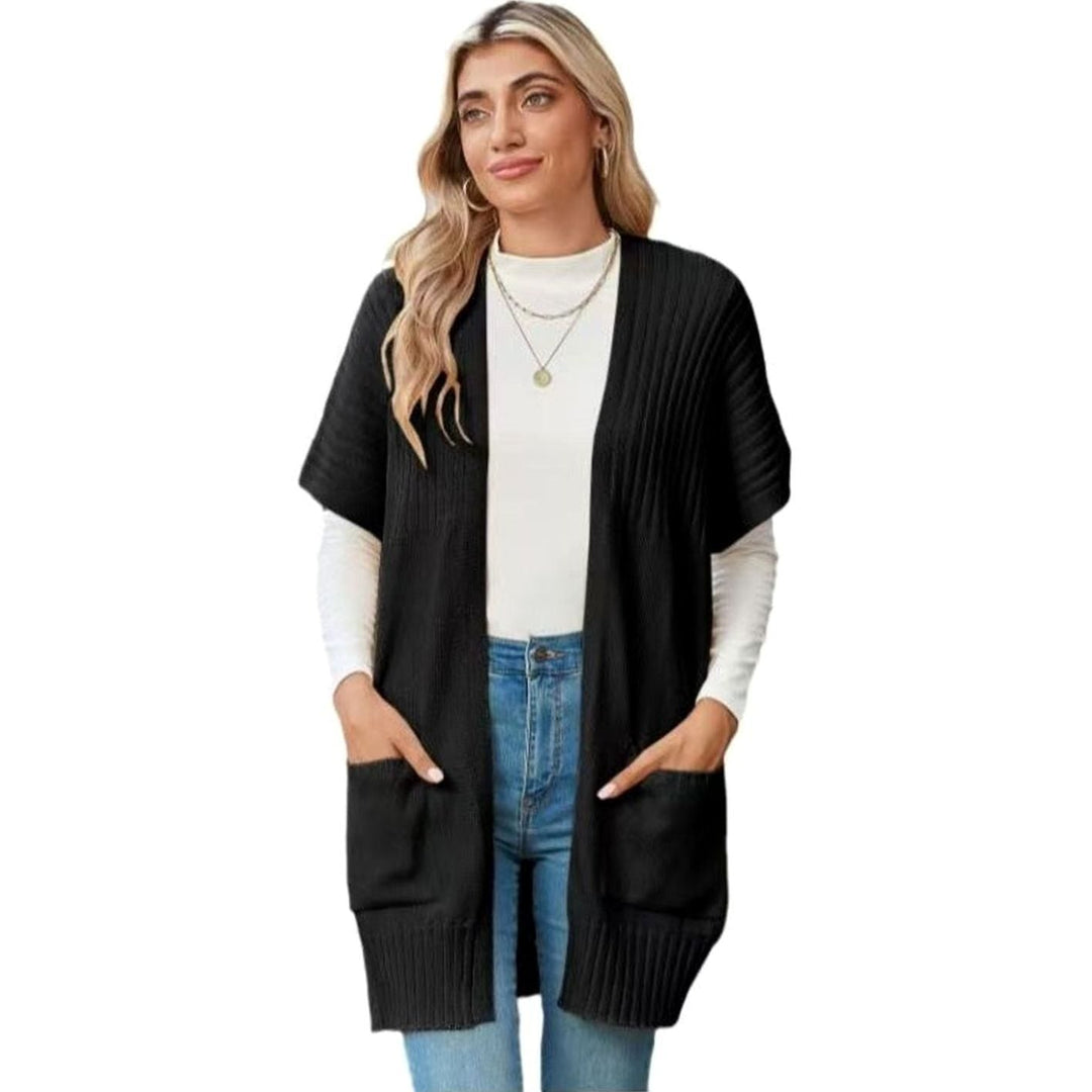 Chaqueta de punto mujer abierta manga corta con bolsillos, ideal para entretiempo y estilo casual.