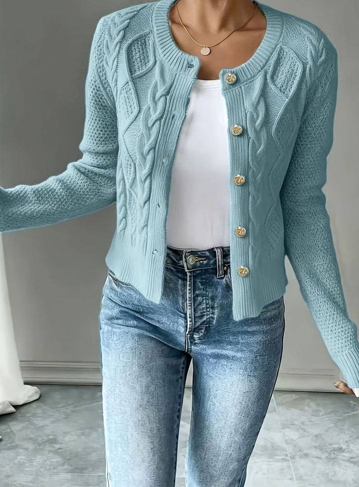 Suéter corto de punto trenzado, botones, para mujer, estilo femenino y actual.