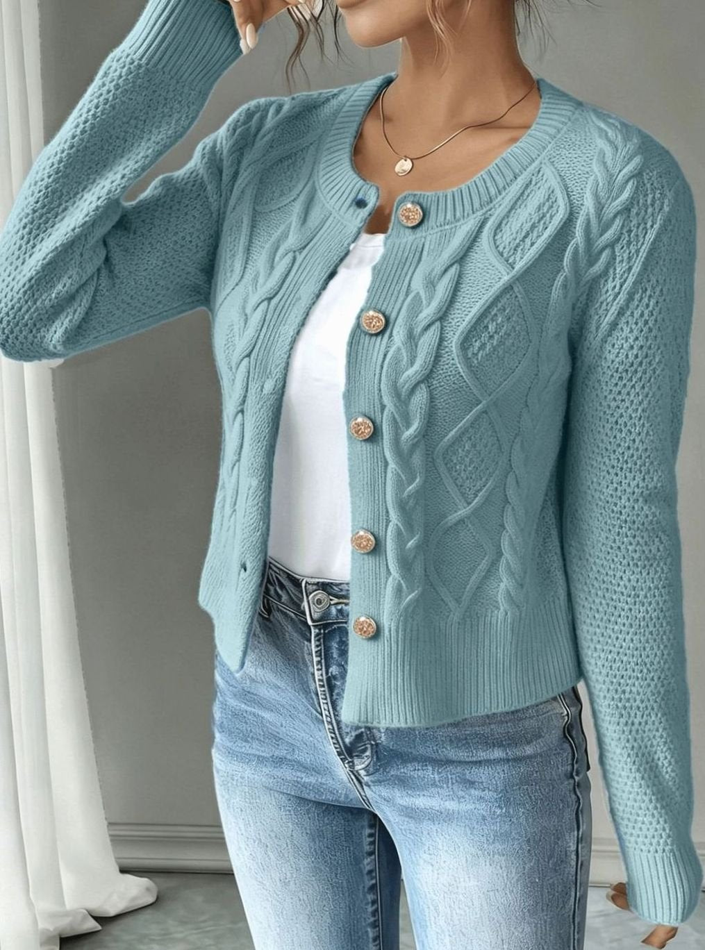 Cárdigan cropped casual de punto trenzado para mujer, con botones bonitos.