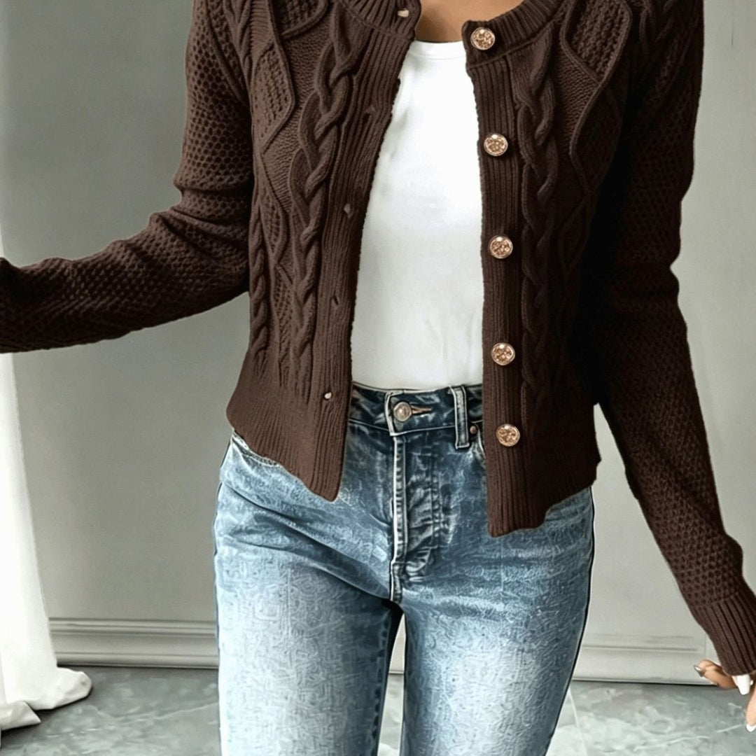 Cárdigan cropped mujer, botones, punto trenzado, perfecto para cualquier ocasión.