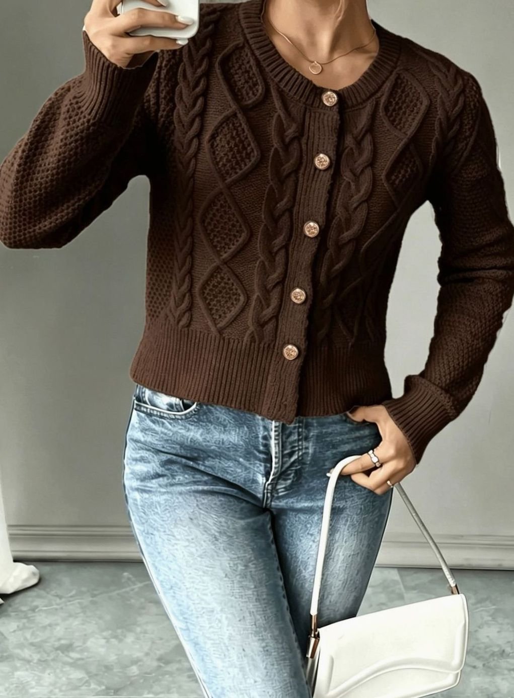 Cárdigan elegante cropped de punto trenzado y botones para mujer, tendencia.