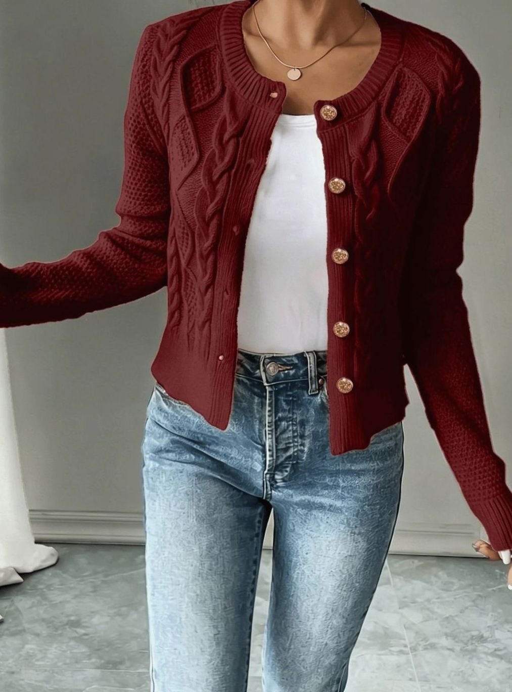 Cárdigan casual de mujer, punto trenzado, con botones, perfecto para el día a día.