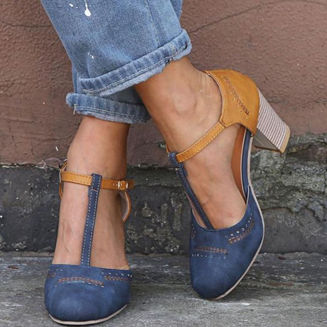 Zapatos de tacón ancho Marlene para mujer, estilo retro, puntera redonda y tira en T para confort diario.
