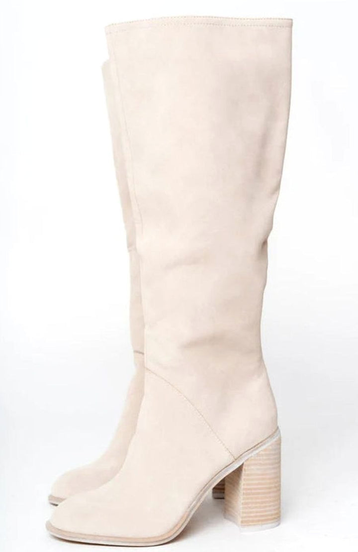 Botas de tacón grueso para mujer, tono beige. Diseño alto con efecto ante, perfectas para estilizar en invierno.