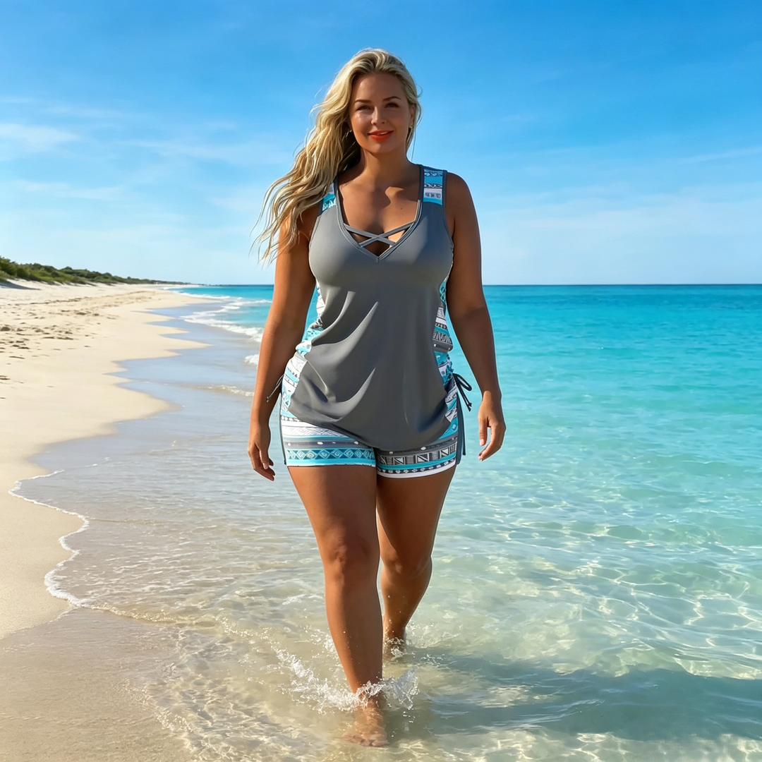 Ropa de baño tankini, mujer, con estampado geométrico único y escote en V, ideal piscina.