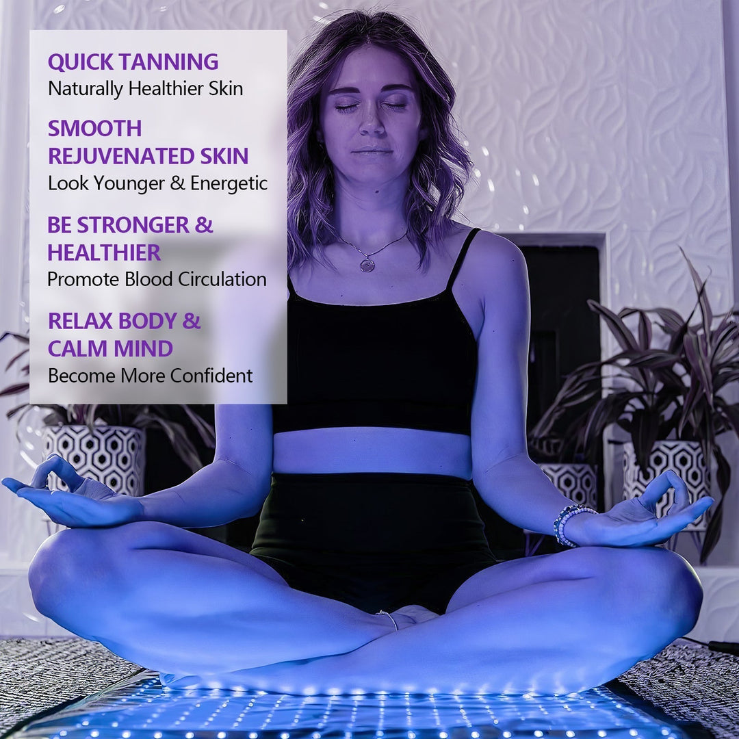 Bronceado sin UV con esterilla de luz azul, segura, flexible e impermeable para cuidado personal.