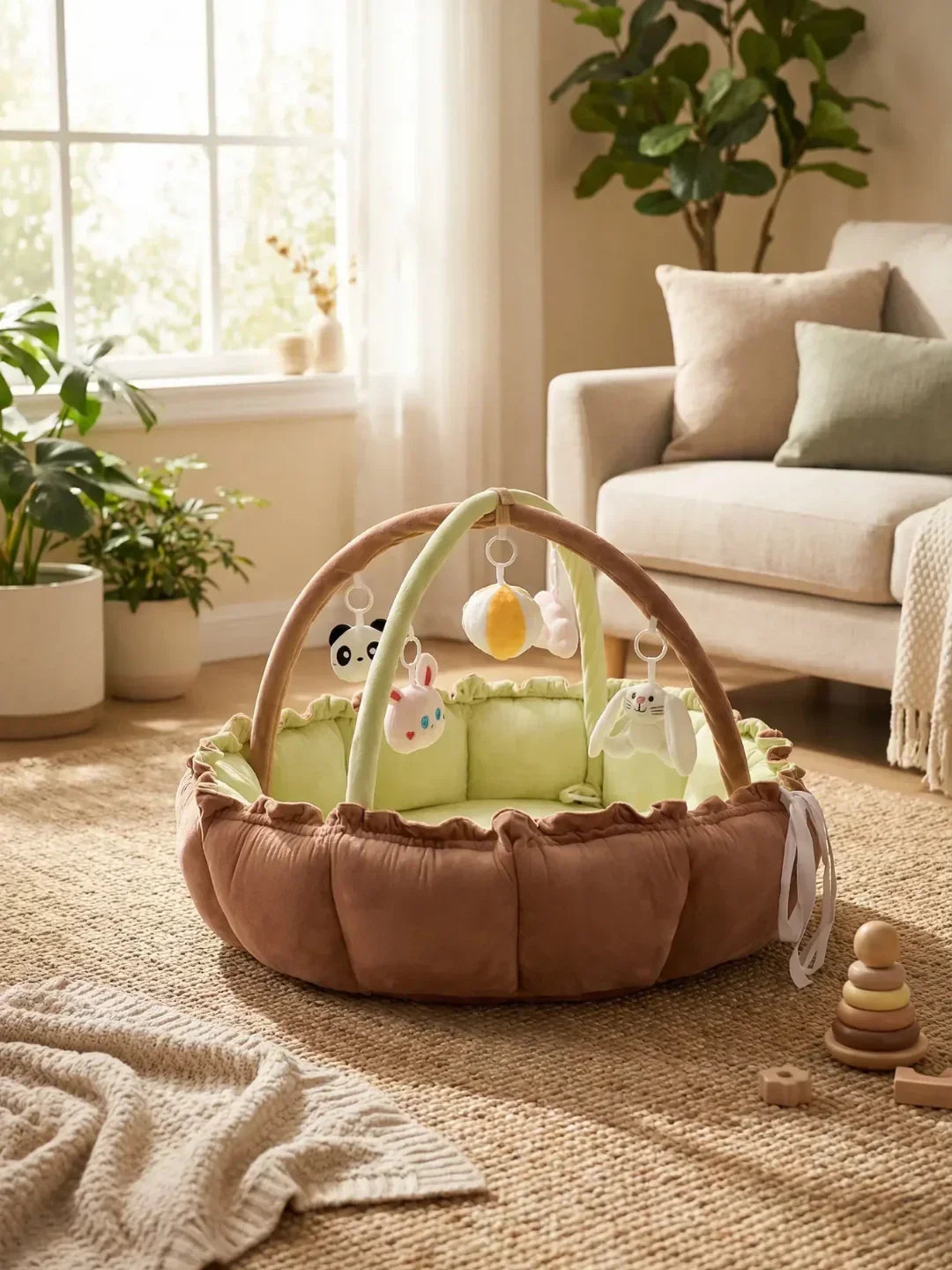 Marco sensorial vibrante para bebés, con juguetes colgantes que estimulan los sentidos.