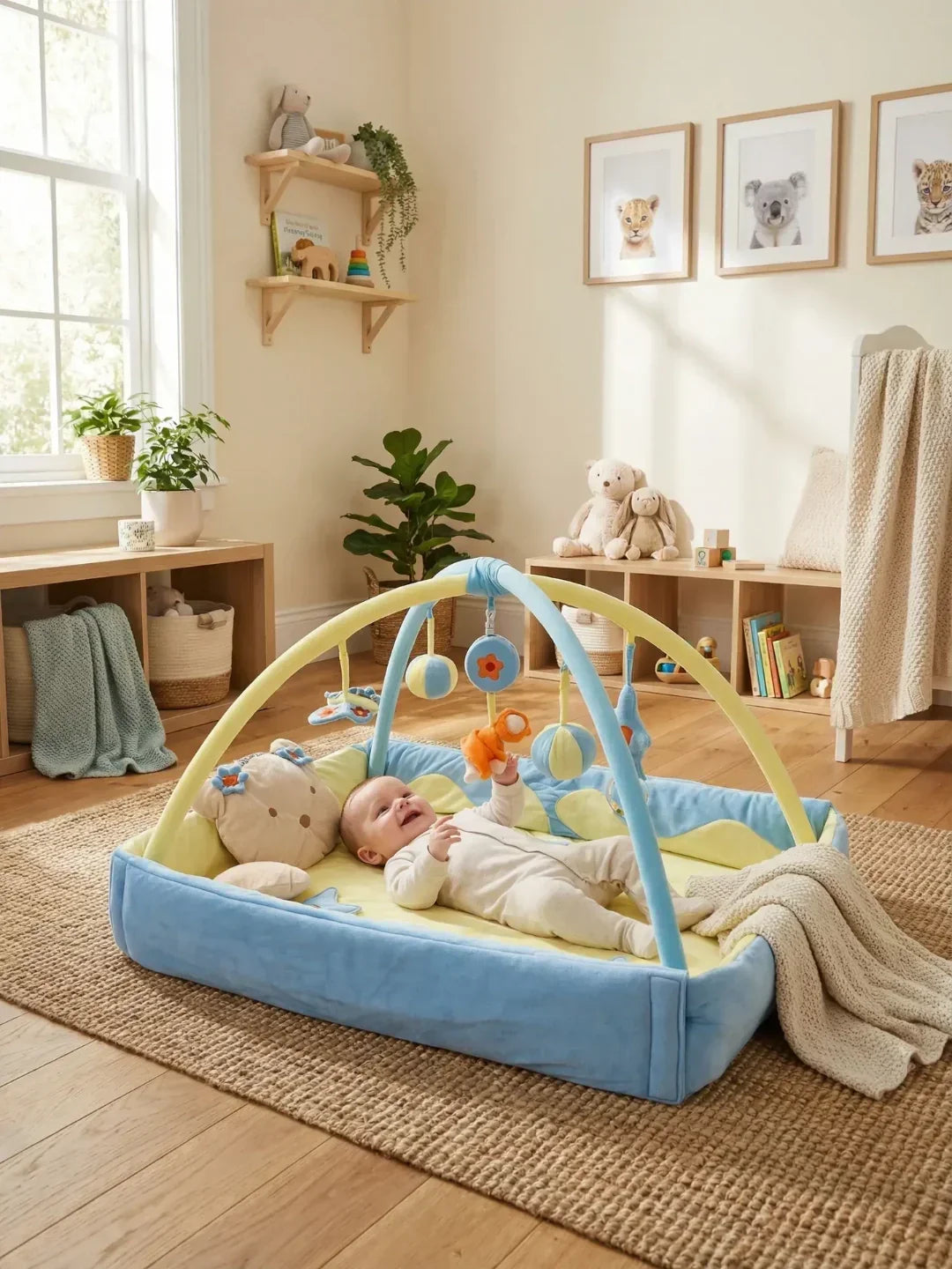 Alfombra de juegos plegable para bebés, con múltiples texturas y colores para desarrollo sensorial activo.