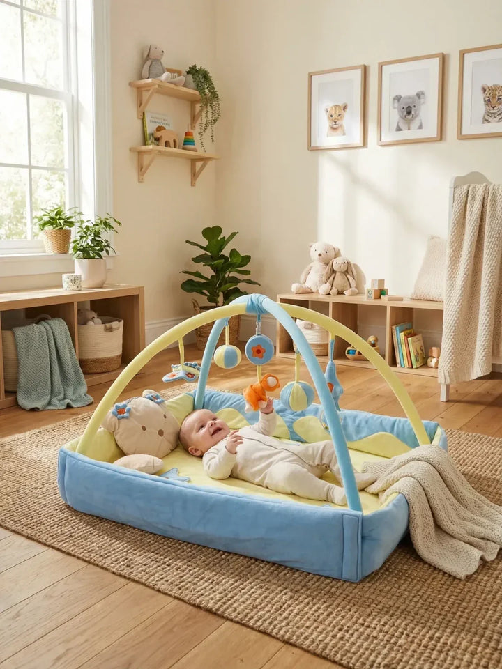Alfombra de juegos plegable para bebés, con múltiples texturas y colores para desarrollo sensorial activo.