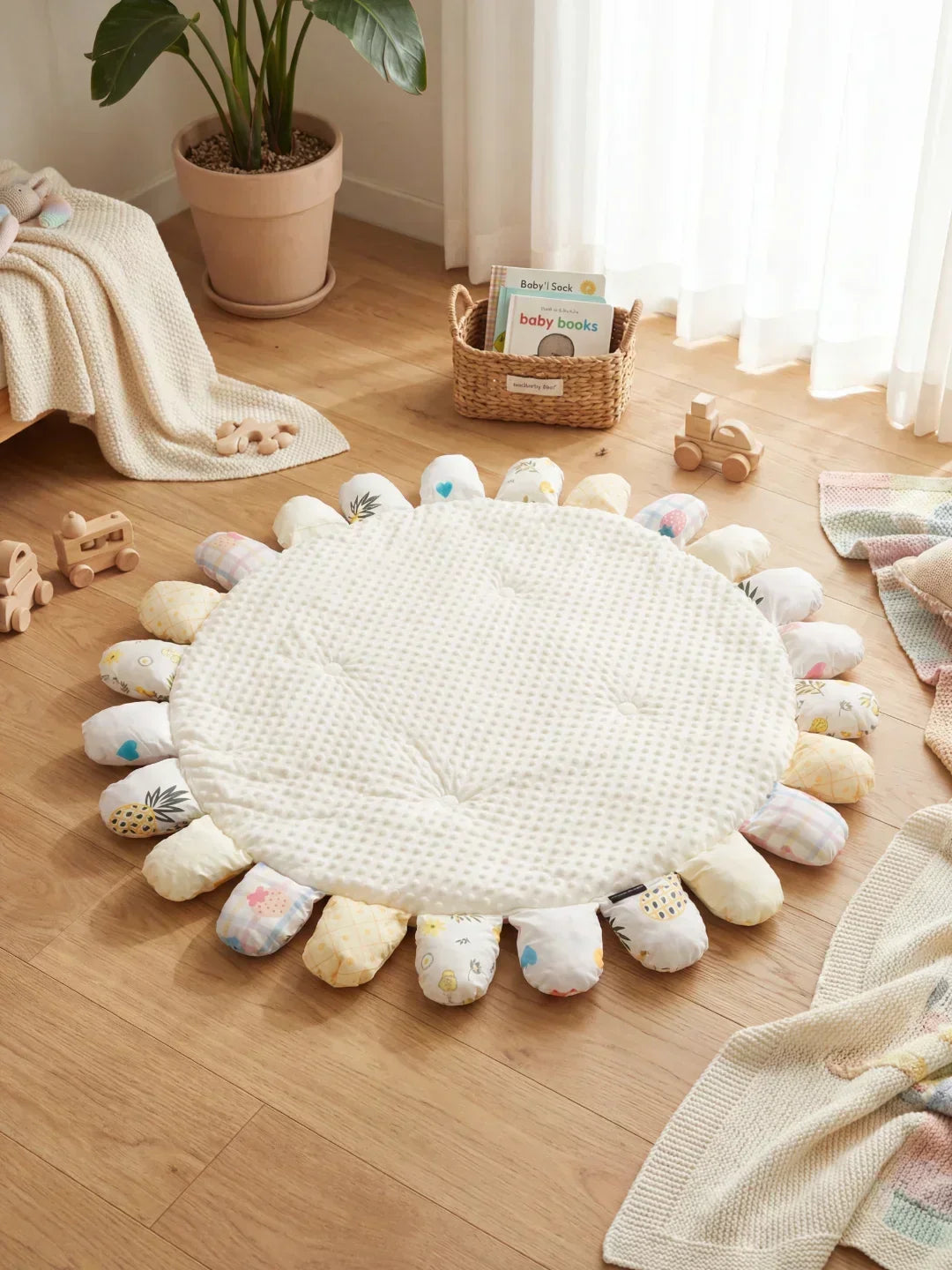 Alfombra bebe grande de algodón natural, 120x120cm, suave y segura para horas de juego.