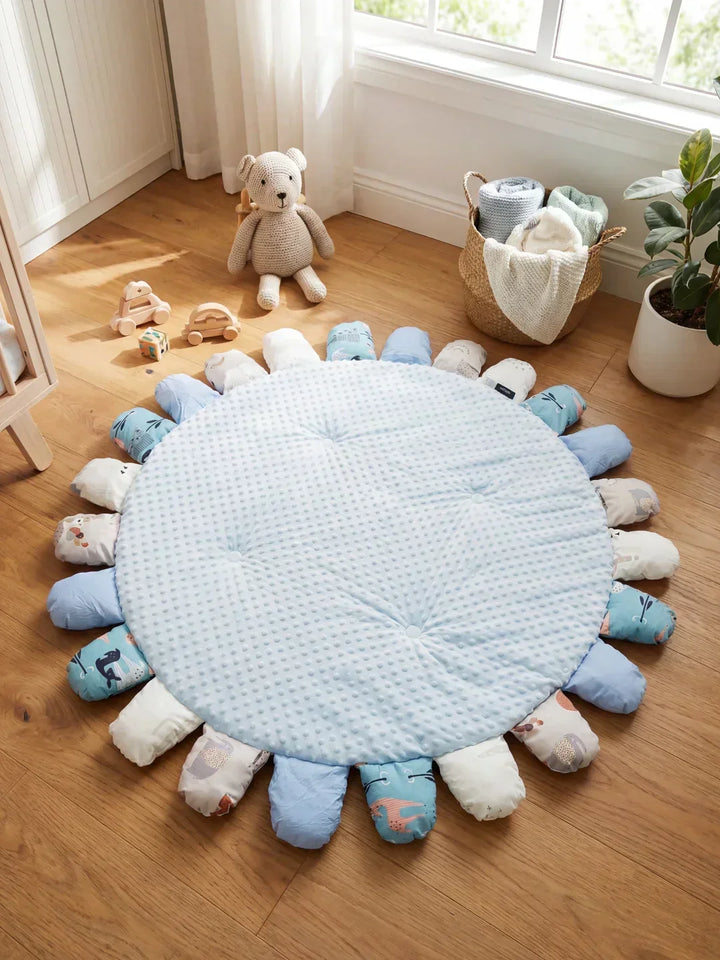 Tapete de actividades para bebés 120x120cm, diseño acolchado, juego seguro y confortable.
