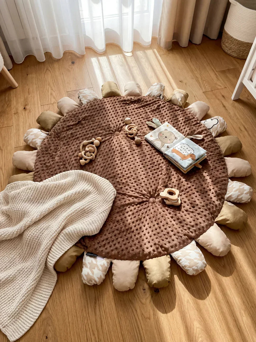 Alfombra de juego para bebés 120x120cm, acolchada, de algodón natural y portátil.