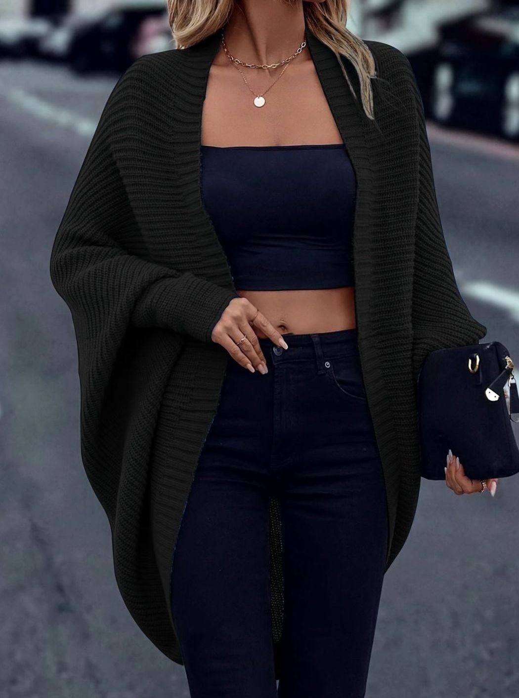 Cárdigan de punto grueso oversize para mujer, estilo abierto y largo, versátil para cualquier look.