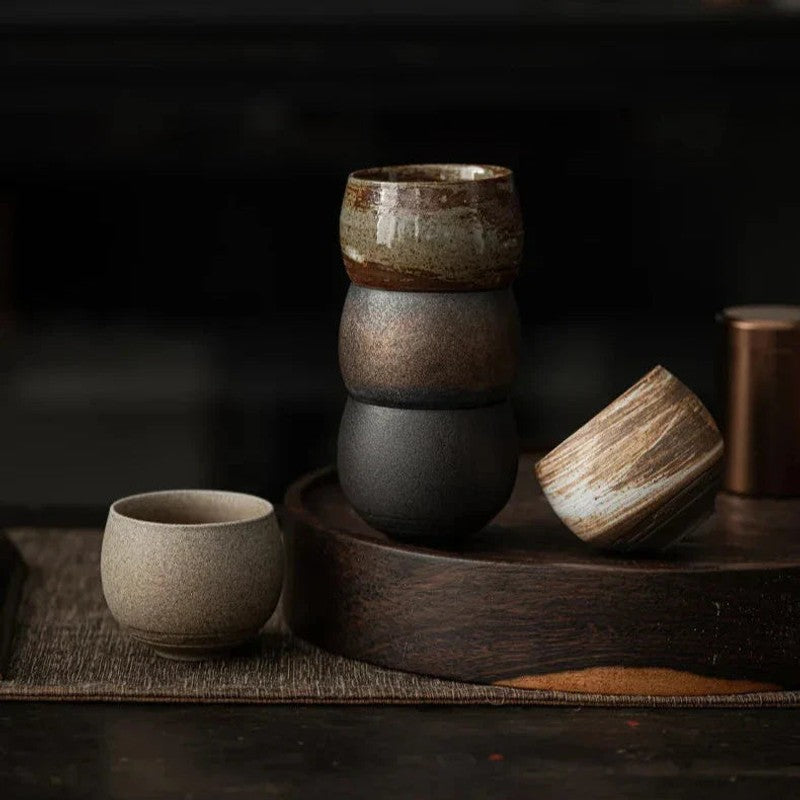 Taza de gres artesanal sin asa, redonda, ideal para café en el hogar, utensilio de cocina.