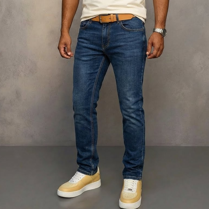 Tejanos elásticos ajustados para hombres, estilo casual moderno y comodidad premium.