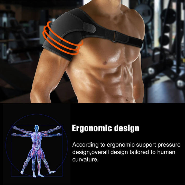 Atleta utilizando soporte de hombro para compresión durante ejercicios, ideal para lesiones deportivas.