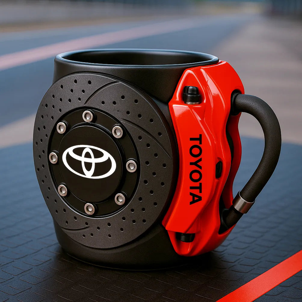Tu bebida con estilo automotriz: taza con diseño de disco de freno.