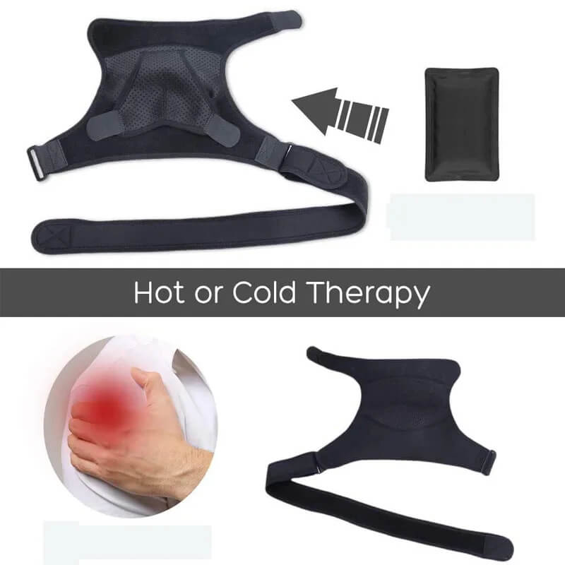 Hombre usando soporte de hombro ajustable para compresión, alivio del dolor y recuperación de lesiones.